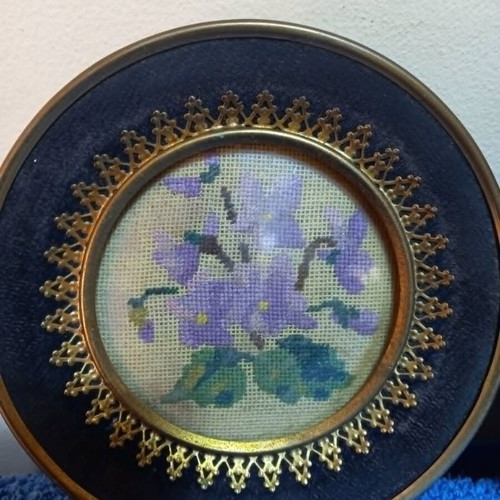 Embroidery set used, 2 pieces with vintage brass round frames