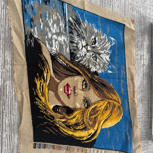 Embroidery with woman and cat used 69x56 cm for decoration