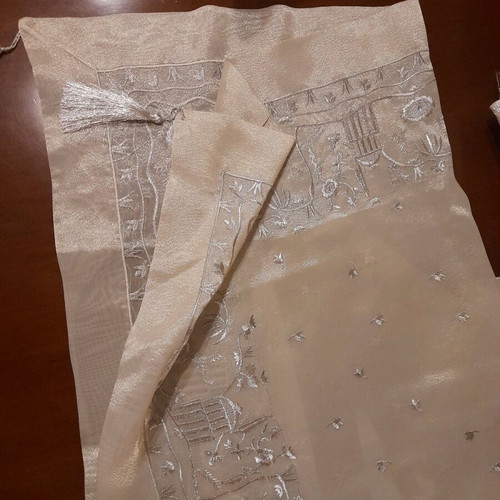 Silk tablecloth new embroidered with silver thread ivory 1×1