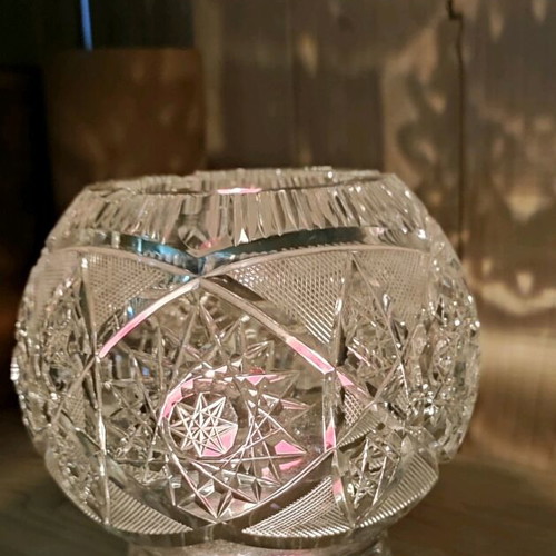 Vintage crystal vase/candle holder/ashtray used, with handmade designs