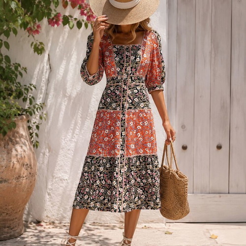 Glamorous floral midi dress new, cotton, black and orange