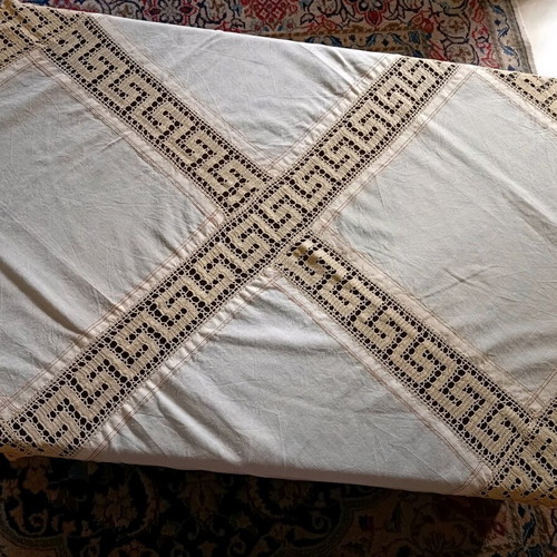 Handmade embroidered tablecloth with lace, new, cotton 1.15×1.15 m