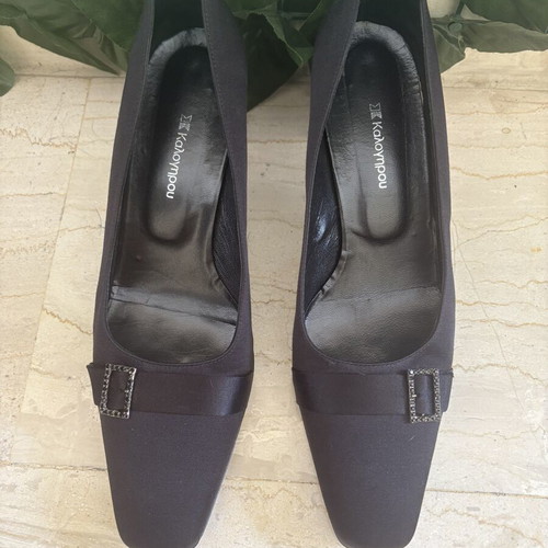 Kalogirou Black Satin Pumps size 38 like new with strass buckle