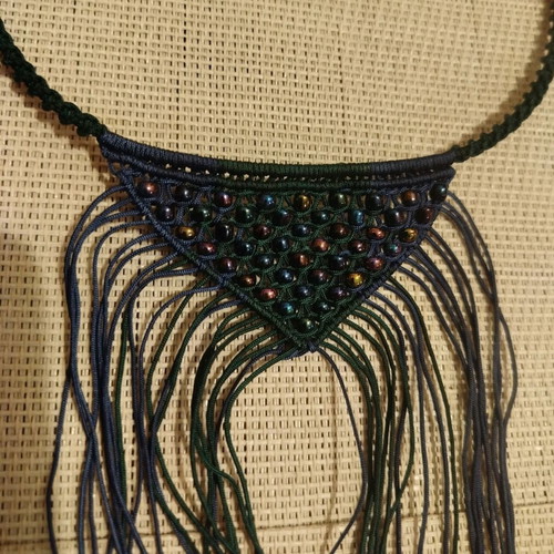 Macrame necklace new in blue and green tones with acrylic beads and fringes
