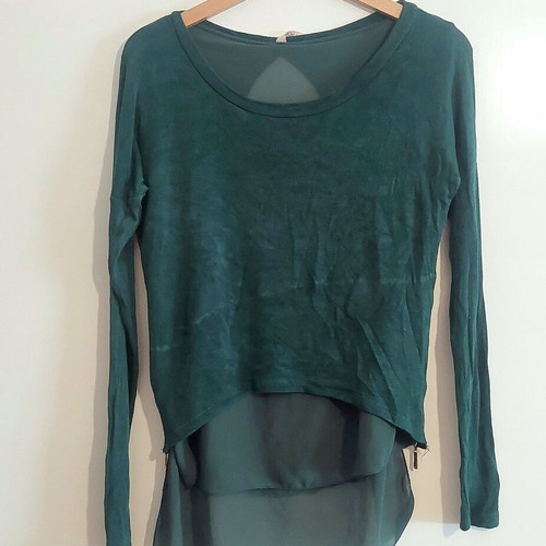 Italian Style blouse with sheer layers and decorative zippers, medium, cypress green
