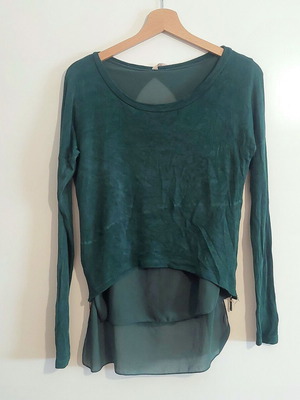 Italian Style blouse with sheer layers and decorative zippers, medium, cypress green