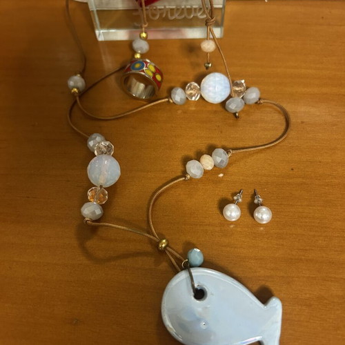 Fish Necklace 50 cm with pearl earrings and ring, new