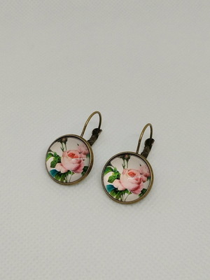Σκουλαρίκια στρογγυλά χάλκινα με ροζ τριαντάφυλλο αφόρετα