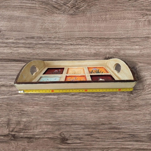 Wooden serving tray like new with six decorated sections