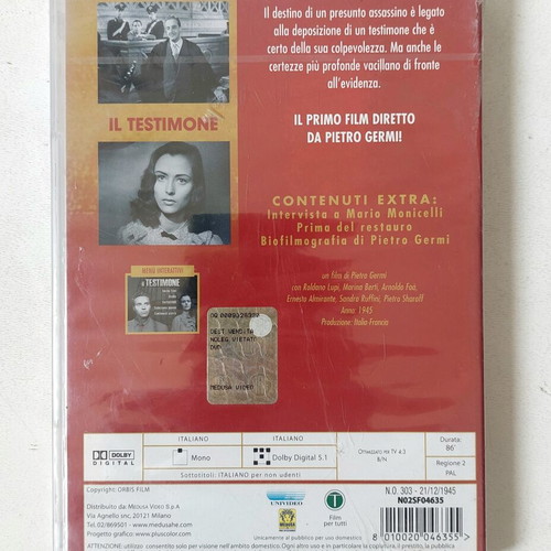 Il Testimone DVD new, Italian crime drama thriller