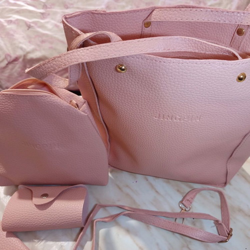 Pink synthetic leather bag set new, 4 pieces