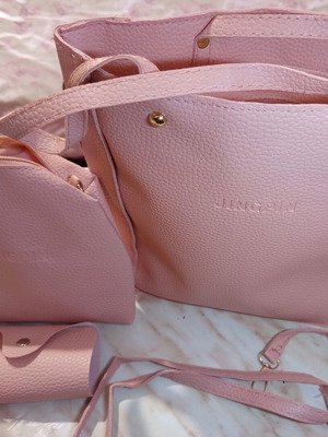 Pink synthetic leather bag set new, 4 pieces