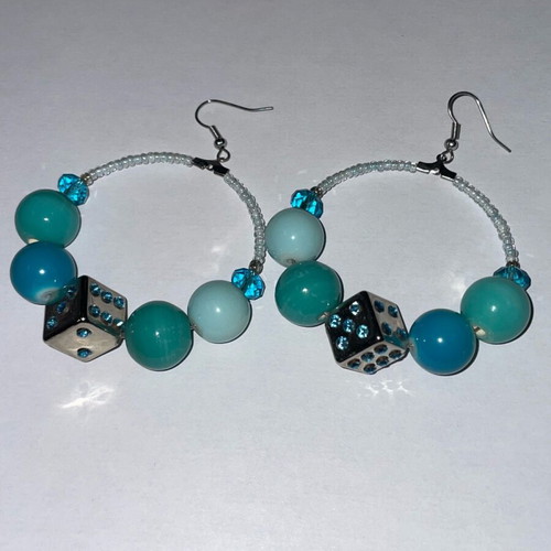 Dice earrings new, turquoise and silver faux