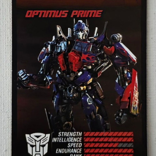Transformers Optimus Prime card with stats