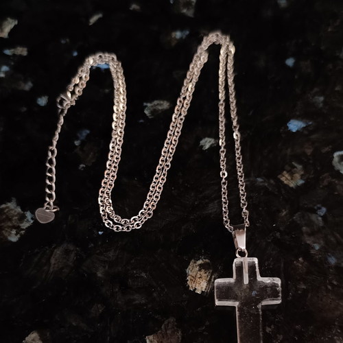 Unisex Handmade Steel Necklace with Cross made of Transparent Quartz Crystal – Energy Protection