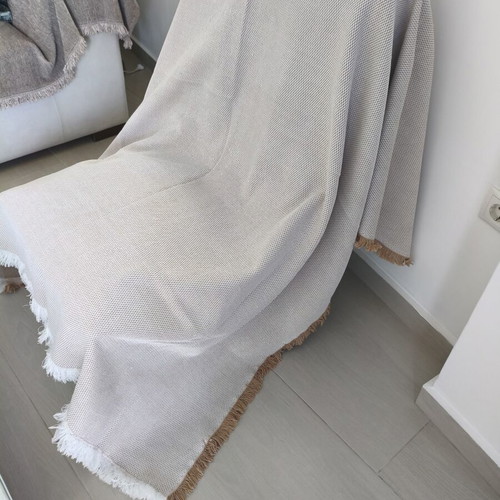 Jacquard Sofa Throws Set of 2 Used Beige-Ecru with Fringes
