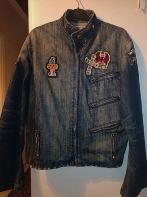 Led Rechwe denim jacket used, vintage, unisex, size S, blue and red