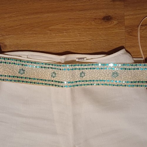 Linen pants Marks & Spencer used, white with sequin belt, size S