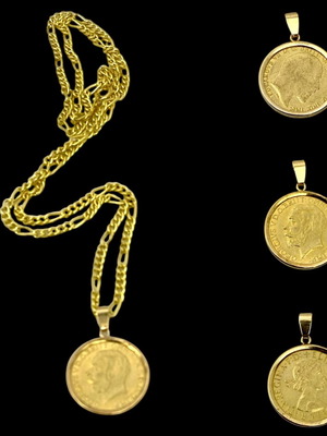 Λίρα αντίγραφο μενταγιόν σαν καινούργιο με ασημένιο επιχρυσωμένο στεφάνι και αλυσίδα 60cm