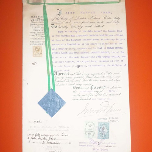 Power of Attorney document used from English insurance company for Greek contracts 1926