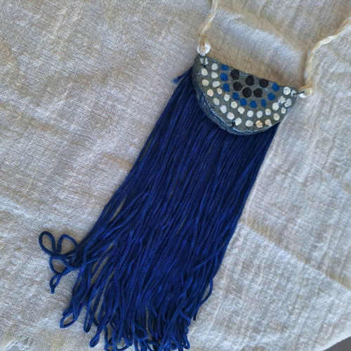 Long necklace with fringes handmade made to order, gray and blue