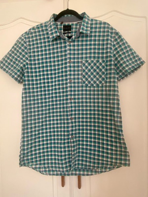 Sisley men's slim fit plaid short-sleeved shirt turquoise blue white XL like new
