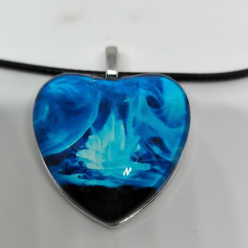 Handmade Heart Necklace with Blue Liquid Glass and Black Cord like new