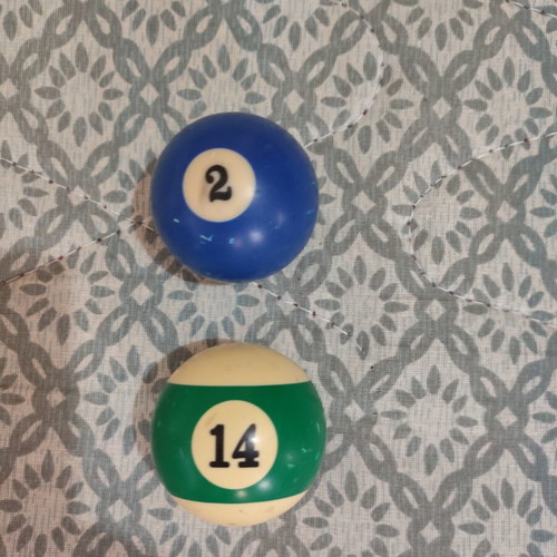 Set of 6 authentic billiard balls (No 2, 9, 12 x2, 14, 15)