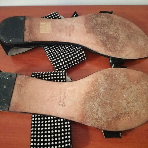 Italian women's gladiator sandals used, black leather with crystals size 39-40