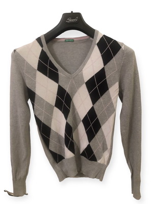 Benetton βαμβακερό πλεκτό με V και ρόμβους S μεταχειρισμένο, γκρι