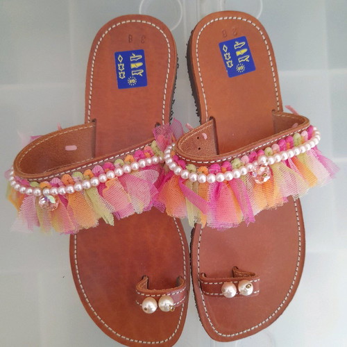 Leather sandals size 38 new with pearls and tulle