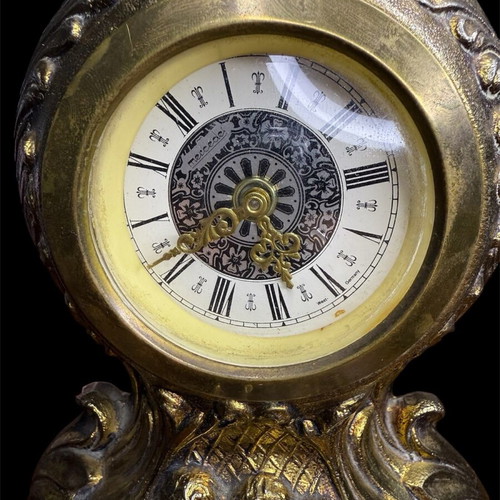 Bronze Table Clock with Baroque Decoration used, West Germany Mechanism
