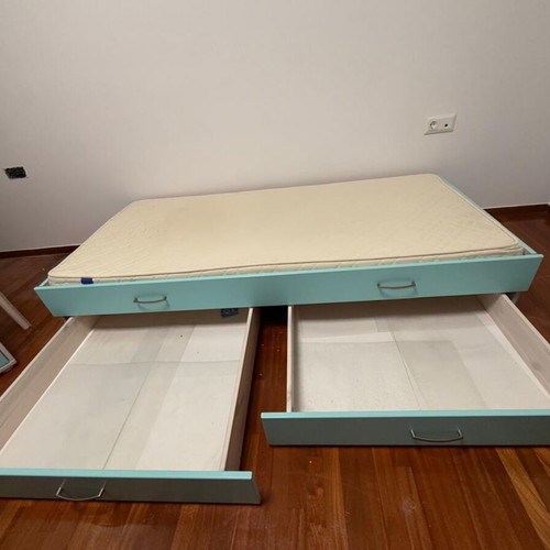 Wardrobe with drawers, bed with mattress, storage, lift-up desk, bookshelf