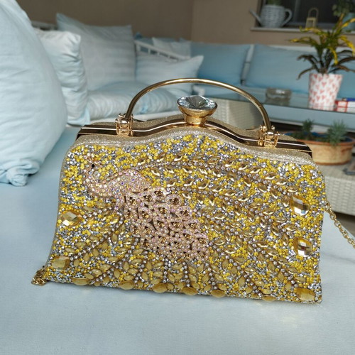 Evening shoulder and handheld bag new, gold with peacock