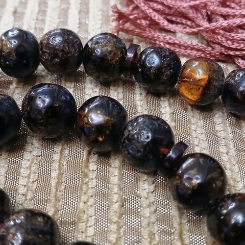 Amber Worry Beads used, Baltic amber, silver elements, 33 beads