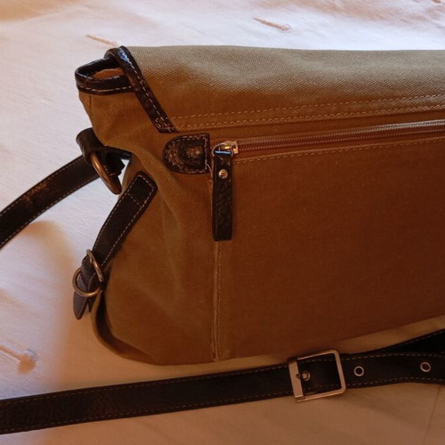 Women's crossbody bag like new, khaki fabric with brown leather straps