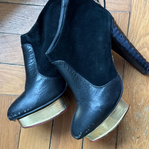 Charlotte Olympia Μπότες Μποτάκια Μαύρο Χρυσαφί Μεταχειρισμένο Μέγεθος 39