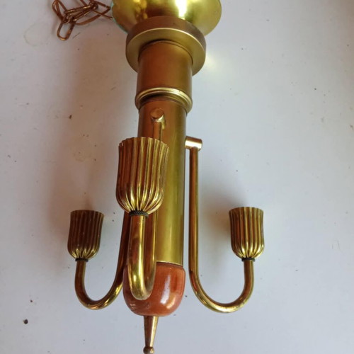 Vintage brass ceiling light with wooden details used, 1970s