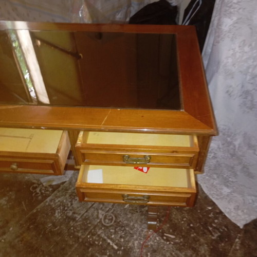 Wooden desk vintage with glass top and 5 drawers