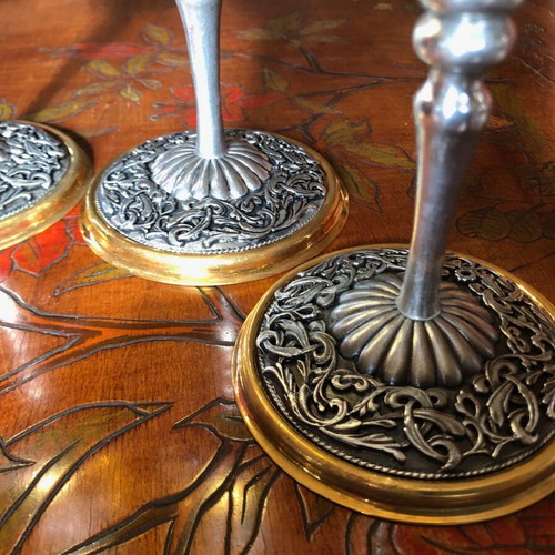 Russian handmade brass wine goblets in velvet case like new