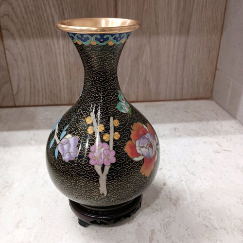 Pair of Vintage Cloisonné Vases Like New with Wooden Bases
