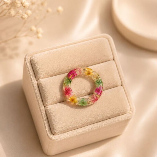 Handmade Resin Ring "Rainbow Garden" with Real Dried Flowers