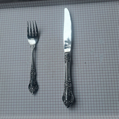 Vintage stainless steel knife and fork set Japan used, floral design
