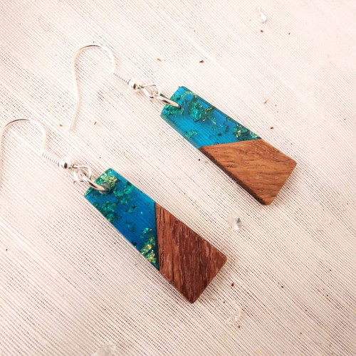 Blue earrings made of resin and wood new