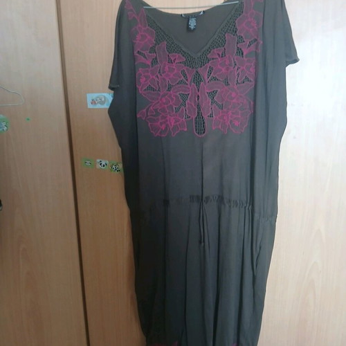 Makó dress like new, plus size, gray with purple embroidery and belt