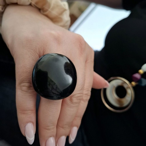 Black ring large impressive, new, plastic, size 55-56