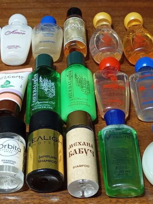 Hotel amenities collection new, including shampoo and shower gel