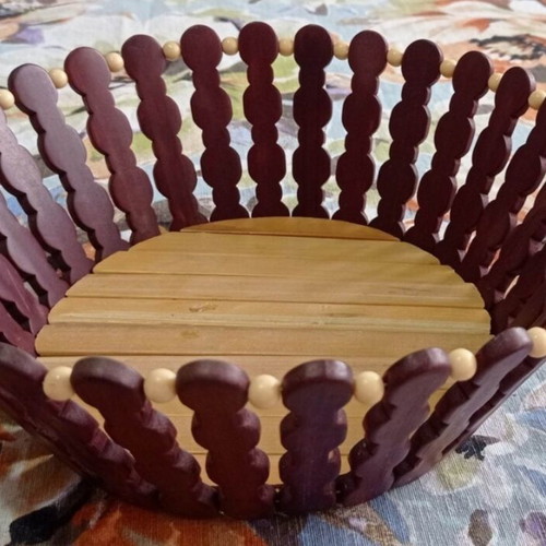 Glass brown serving tray set with fruit bowl and wooden basket