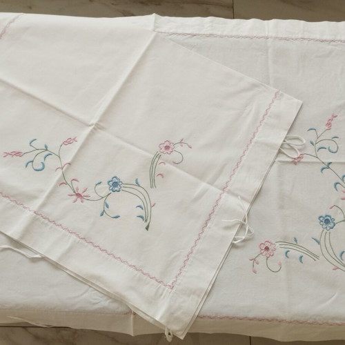 Handmade XL pillowcases pair 1m with floral embroidery and cross-stitch