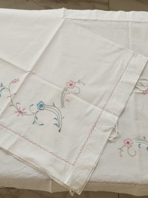 Handmade XL pillowcases pair 1m with floral embroidery and cross-stitch
